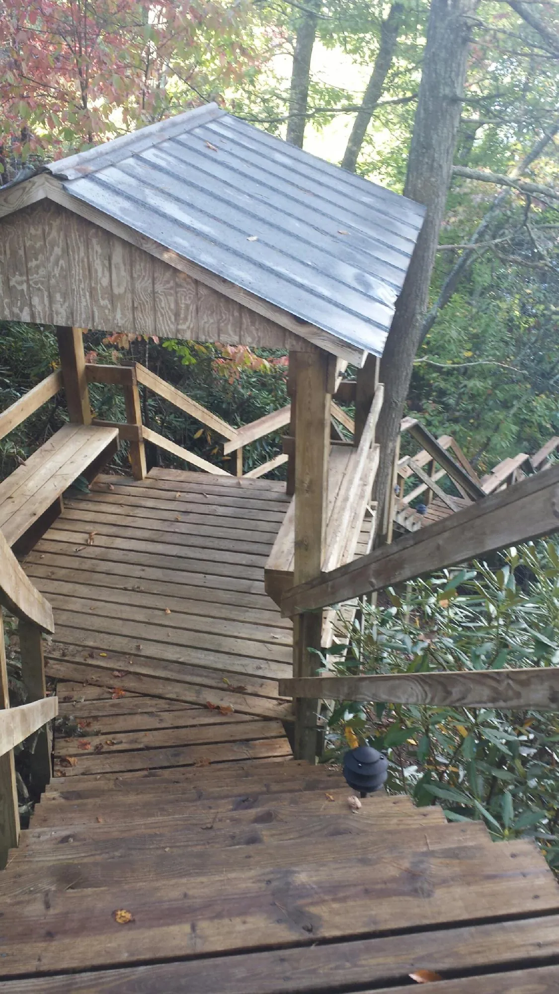 Metal roofed shelter over wooden steps on a wooded walkway — Skylight Repair & Installation work by our crew in Myrtle Beach